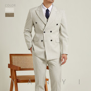 休闲条纹双排扣西服套装男士商务正装高级感修身时尚西装英伦风