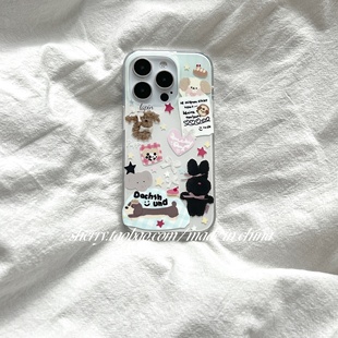 SHERRY*ins可爱双层黑色兔子狗狗插画适用于苹果16ProMax手机壳iPhone15Pro小众14少女心13简约12卡通小清新