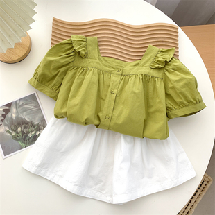 夏季女童甜美设计感方领短袖娃娃衫儿童洋气果绿色纯棉衬衣潮