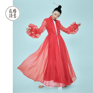 花椿诗意原创设计师夏红色(夏红色，)轻薄高级真丝，灯笼袖泡泡袖连衣裙年轻款