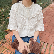 日系少女花朵蕾丝白色衬衫森女系，甜美气质短袖娃娃衫喇叭袖上衣