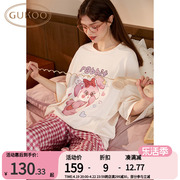 gukoo果壳春秋女士睡衣，粉色兔子印花中袖格子宽松圆领家居服套装