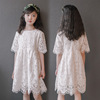夏装女童蕾丝连衣裙韩版儿童米白色短袖，洋气公主中大女孩裙装