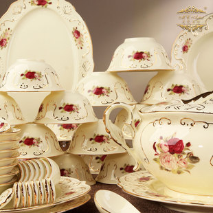 美瓷工坊欧式餐具碗碟套装56头陶瓷碗盘家用瓷器结婚嫁妆乔迁礼盒