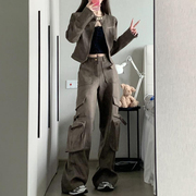 ddnx复古美式皮衣套装女秋冬机车服，上衣外套直筒休闲工装裤两件套