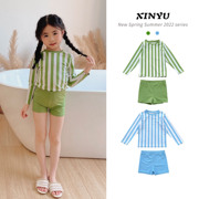 儿童韩国ins绿色条纹长袖分体，泳衣小宝宝，男女童大码泳衣套装