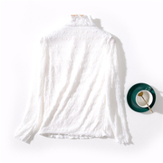 e74-1春季女白色，半高领打底弹力褶皱清新上衣，长袖薄绒雪纺衫