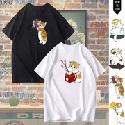日系可爱猫咪花环印花短袖上衣服卡通情侣装休闲纯棉夏季半袖T恤