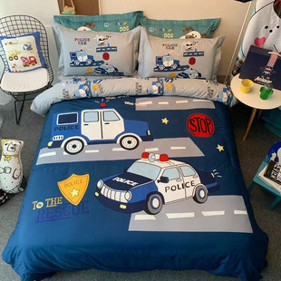 全棉儿童卡通汽车床单四件套纯棉男孩警车被套床上用品三件套床笠