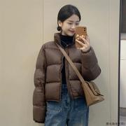 韩国咖色羽绒服女2023冬季韩版加厚宽松短款立领白鸭绒面包服