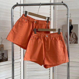 日韩高街穿搭直筒橙色，夏季牛仔裤百搭气质，短裤时尚休闲洋气