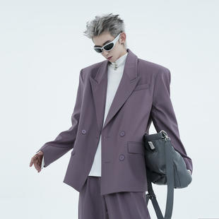紫色双排扣西装男 高级感廓形宽松男士休闲简约气质流行西服外套
