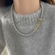 灰色珍珠高端项链，毛衣链女锁骨链，小众设计感2023年颈链