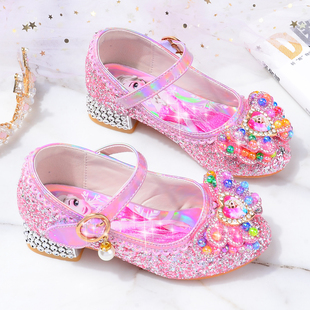 爱莎公主鞋，艾莎女童单鞋2024春鞋皮鞋小女孩水晶鞋儿童高跟鞋