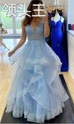 欧美跨境蓝色公主梦幻婚纱，2023吊带v领公主裙派对晚礼服