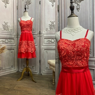 m码红色，雪纺吊带短裙，礼服0409b