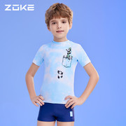 Zoke/洲克 儿童两件套游泳衣平角分体短袖泳衣游泳训练防晒男童