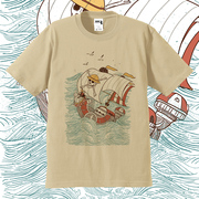 日系复古动漫航海王浮世绘海贼王海盗船短袖T恤染色印花纯棉情侣