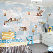 北欧儿童房壁纸男孩女孩，幼儿园卧室背景，墙纸卡通飞机世界地图墙布