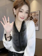 黑白撞色拼接衬衫女春秋季韩版高级感气质V领修身显瘦雪纺衫上衣