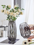 轻奢竖棱简约创意玻璃，花瓶透明大号水养鲜花百合，插花摆件客厅北欧