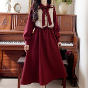 小香风马甲红色连衣裙两件套女秋冬大码法式复古灯芯绒打底长裙子
