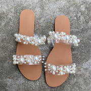 外贸欧美透明凉拖鞋，女外穿大码夏季时尚仙女风，珍珠平跟一字拖