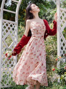 夏季法式樱花红色晕染碎花吊带裙+针织开衫两件套仙女淑女连衣裙