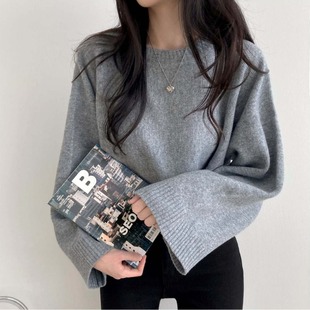 韩国chic秋冬慵懒风毛衣，纯色宽松小个子短款长袖，圆领套头针织衫女