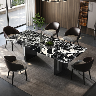 宝格丽黑奢石餐桌意式轻奢高级感餐台小户型天然大理石长方形餐桌