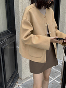 HTBT2023秋冬气质圆领双面绒大衣女短款韩系小香风羊毛呢外套