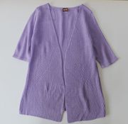 女款外贸出口尾货复古七分袖无扣中长款毛衣，开衫紫色不扎