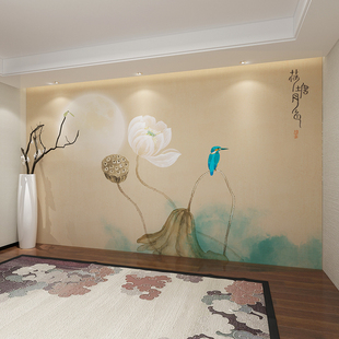 现代中式水墨荷花墙布壁布，电视背景壁纸卧室客厅，墙纸荷塘月色壁画