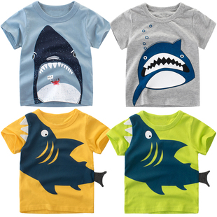 夏季儿童装6-7男童短袖t恤3宝宝纯棉，半袖4-5岁小孩上衣服鲨鱼图案