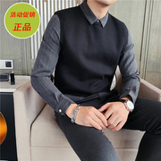男士假两件衬衫领时尚毛衣秋冬季韩版潮流刺绣修身加绒条纹针织衫
