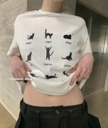 lonslan可爱卡通小猫咪动态图案印花圆领，简约休闲短袖t恤上衣女