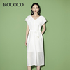 ROCOCO2024夏白色休闲度假仙女裙V领系带收腰显瘦短袖连衣裙