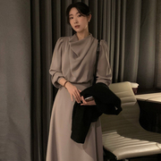 韩国chic春季优雅气质堆堆领系带收腰显瘦泡泡袖中长款连衣裙女