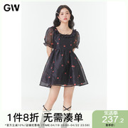 GW大码女装泡泡袖圆领网纱碎花连衣裙2024夏季微胖mm高腰显瘦