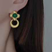 自由古巴 复古绿色玛瑙独特耳环高级感法式金色耳饰夏天耳钉耳坠