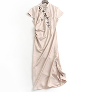 新中式国风竹子刺绣立领旗袍裙褶皱，显瘦修身长裙，短袖女连衣裙m976