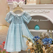 2024小女孩儿童宝宝夏季装赫本风蕾丝花边圆领短袖蓝色淑女连衣裙
