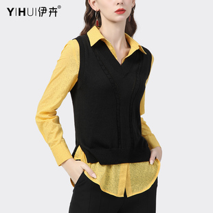 两件套装毛衣针织衫马甲女短款背心黑色搭配黄色，衬衫春装职业衬衣