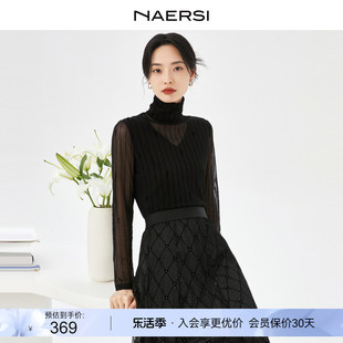 NAERSI/娜尔思24春季优雅时尚高领长袖衬衫毛衫简约通勤上衣