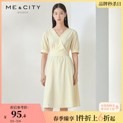 MECITY女装时尚夏季英伦风V领性感交叉设计纯色简约连衣裙544903