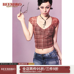 BeerBro 美式辣妹网纱紧身收腰上衣女夏季露背自带胸垫格子针织衫