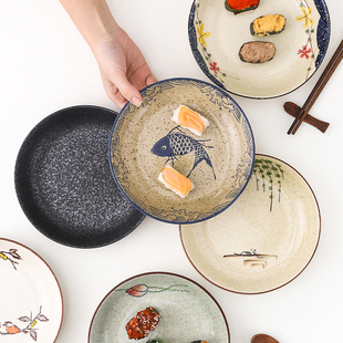 日式复古创意陶瓷盘子，传统家用餐厅，饭盘厨房用具菜盘釉下彩深圆盘