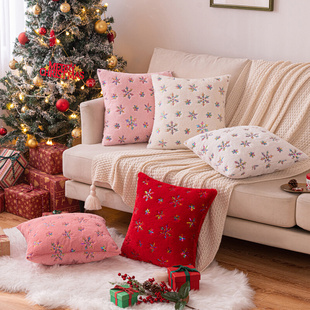 彩色雪花毛绒抱枕套客厅沙发，刺绣靠垫圣诞新年节日装饰床头靠枕套