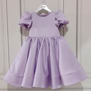 女童演出香芋紫色手工定制缎面连衣裙珍珠袖口高端透气公主裙礼服