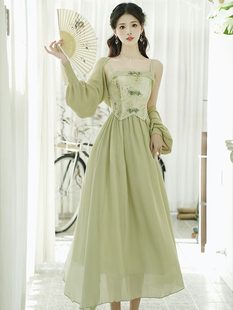 禅意清冷感印花天丝雪纺吊带，连衣裙新中式女装清新淡雅绿色长裙子